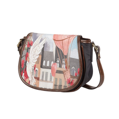 Tambourin Bag With Single Strap Love Up in a Hot Air Balloon, Paris, Eiffel Tower, Dove, Flowers, Girl, Sky, Hearts (Designed by Dunbi)