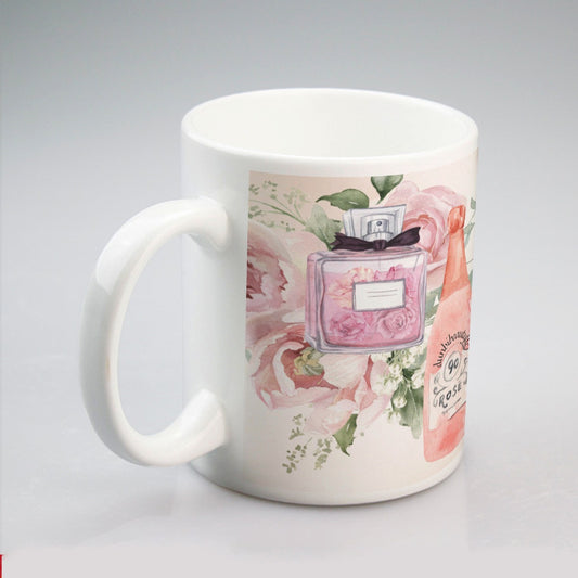 All-over print mug  Dusty Rose, Pink, Perfume, High Heels Champagne & Roses, Aesthetic, Feminine, Fashion (Designed by Dunbi)