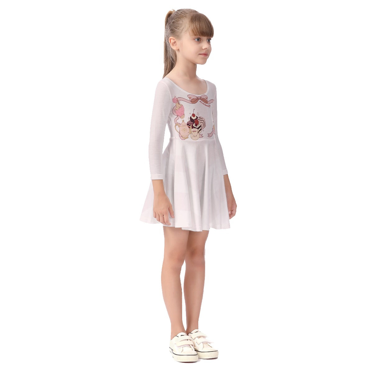 All-Over Print Kid's Long Sleeve Dress Cute Teddy Bear, Tea Party, Ribbon, Bows, Cakes, Cute, Victorian, Doll, Cute Girl, Pink Style 1, Stripes (Designed by Dunbi)