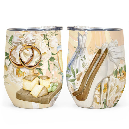 All-Over Print Egg Cup Wine Tumbler|12OZ The Lovely Bride, Wedding, High Heels, Wedding Dress, Bouquet, White, Rings, Cheese Board, White Grapes, Champagne, Tie the Knot (Designed by Dunbi)
