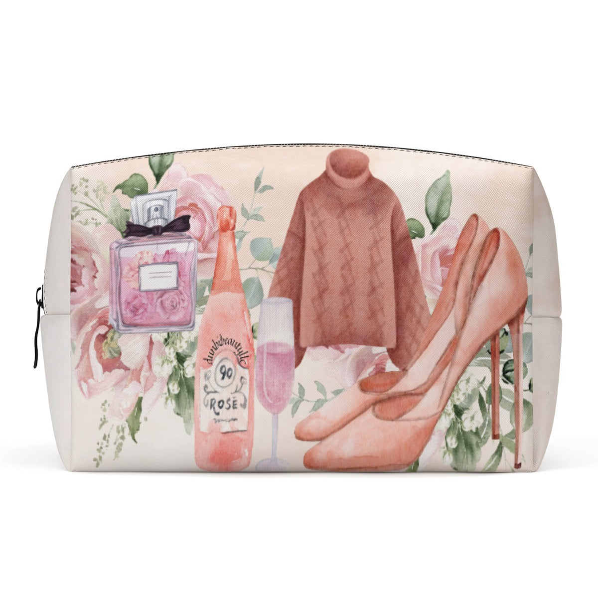 PU Cosmetic Bag  Dusty Rose, Pink, Perfume, High Heels Champagne & Roses, Aesthetic, Feminine, Fashion (Designed by Dunbi)