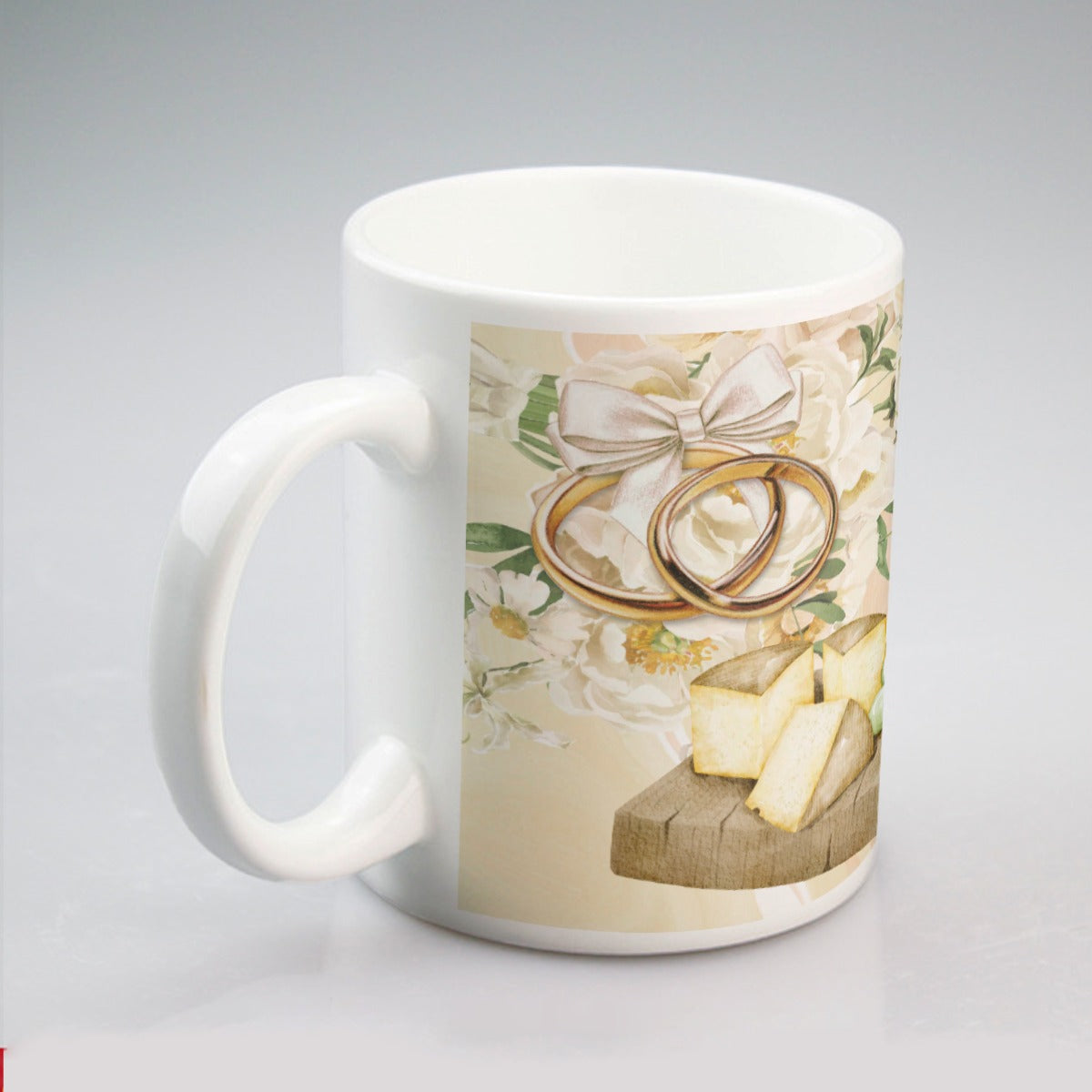 All-over print mug The Lovely Bride, Wedding, High Heels, Wedding Dress, Bouquet, White, Rings, Cheese Board, White Grapes, Champagne, Tie the Knot (Designed by Dunbi)
