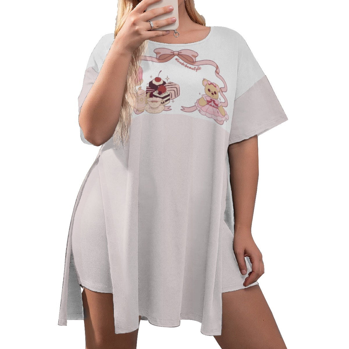 All-Over Print Women's Drop-Shoulder T-Shirt with Side Split and Shorts (Plus Size) Cute Teddy Bear, Tea Party, Ribbon, Bows, Cakes, Cute, Victorian, Doll, Cute Girl, Pink Style 1, Stripes (Designed by Dunbi)