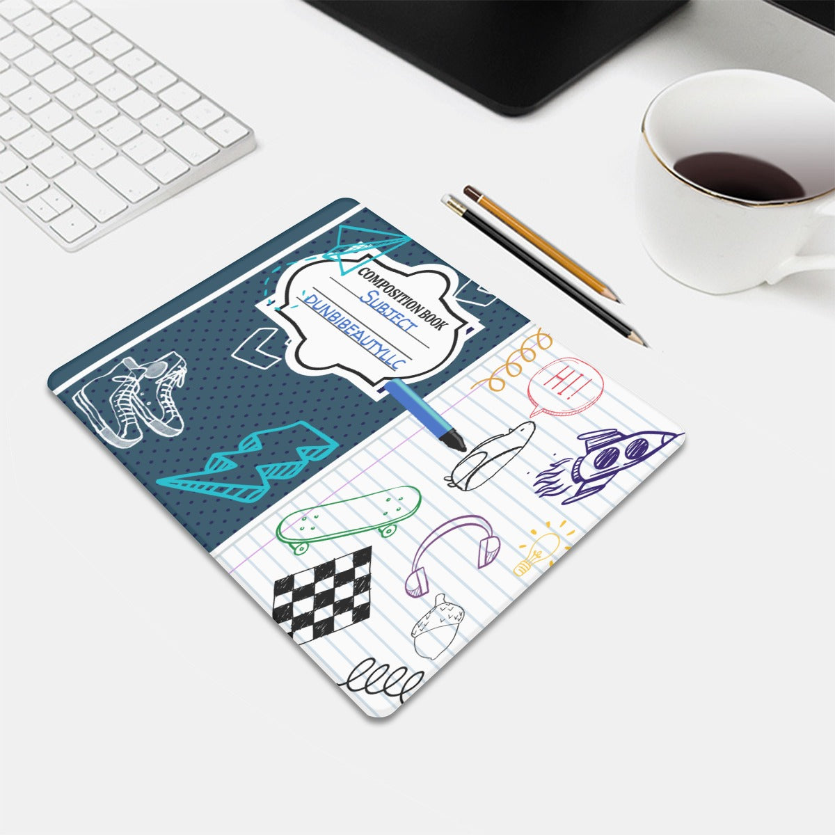 Mouse Pad Small Size Back to School, Composition Notebook Style, Doodles, Scribbles, Writing, Boy, Blue (Designed by Dunbi)