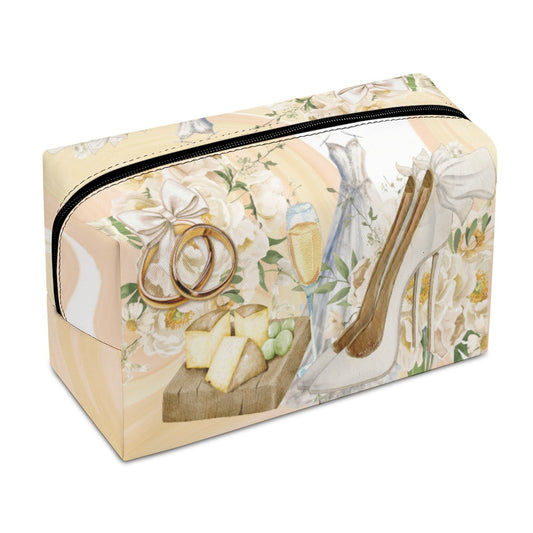 PU Cosmetic Bag The Lovely Bride, Wedding, High Heels, Wedding Dress, Bouquet, White, Rings, Cheese Board, White Grapes, Champagne, Tie the Knot (Designed by Dunbi)
