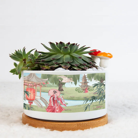 Double Side Printing Flowerpot Asian Garden, Beauty, Peace, Serenity, Home, Happiness, Crane, River, Historic, Chinese Dynasty, Hanfu, Mossy Green (Designed by Dunbi)
