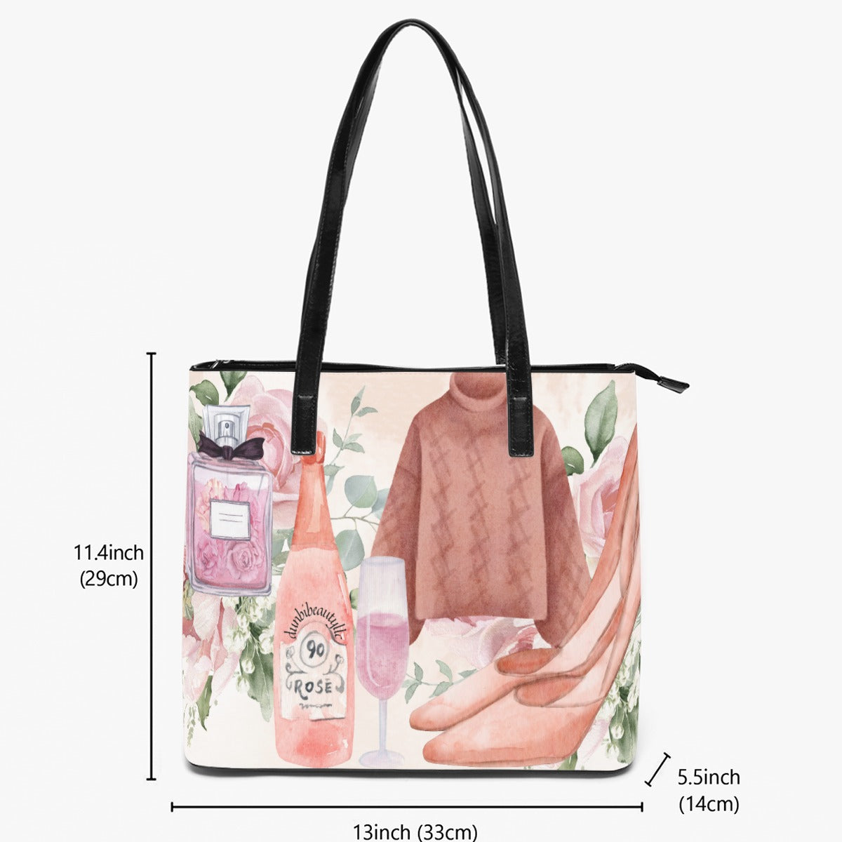 Double-Side Printing PU Tote Bag  Dusty Rose, Pink, Perfume, High Heels Champagne & Roses, Aesthetic, Feminine, Fashion (Designed by Dunbi)