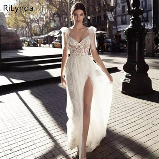 NEW High Slits Wedding Dresses Backless Bohemia Sexy Spaghetti Neckline Lace Appliqued Bridal Gowns Plus Size Wedding Dres