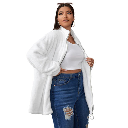 All-Over Print Women's Borg Fleece Stand-up Collar Coat With Zipper Closure (Plus Size) Pink Breast Cancer Awareness (Designed by Dunbi) - DunbiBeauty, LLC