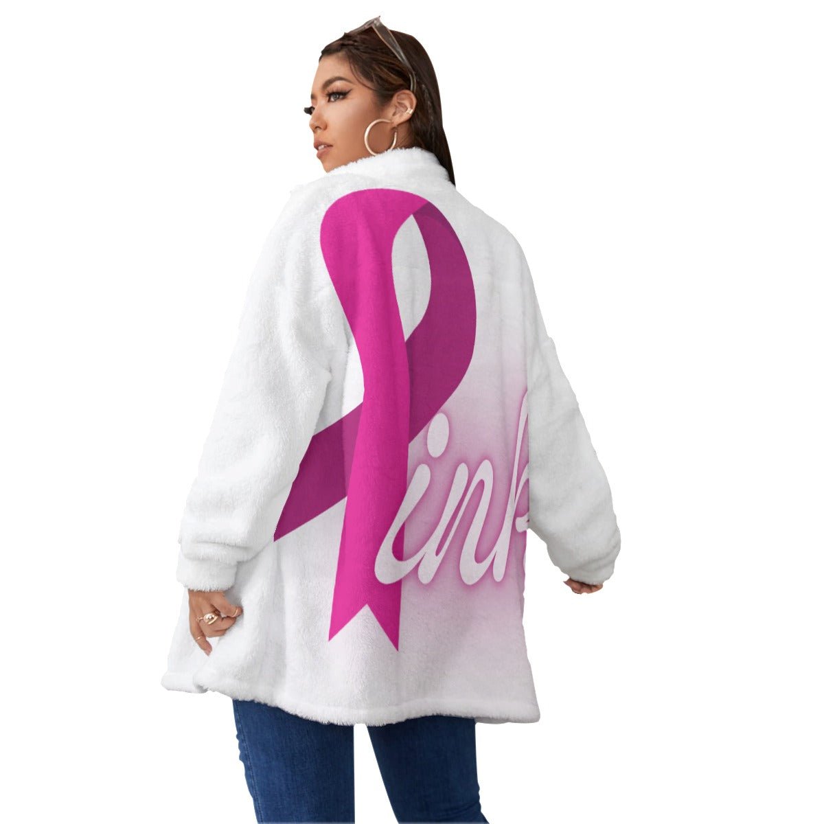 All-Over Print Women's Borg Fleece Stand-up Collar Coat With Zipper Closure (Plus Size) Pink Breast Cancer Awareness (Designed by Dunbi) - DunbiBeauty, LLC