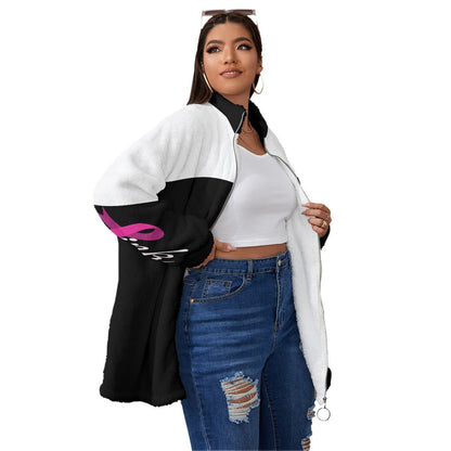 All-Over Print Women's Borg Fleece Stand-up Collar Coat With Zipper Closure(Plus Size) Black White and Pink Breast Cancer Awareness (Designed by Dunbi) - DunbiBeauty, LLC