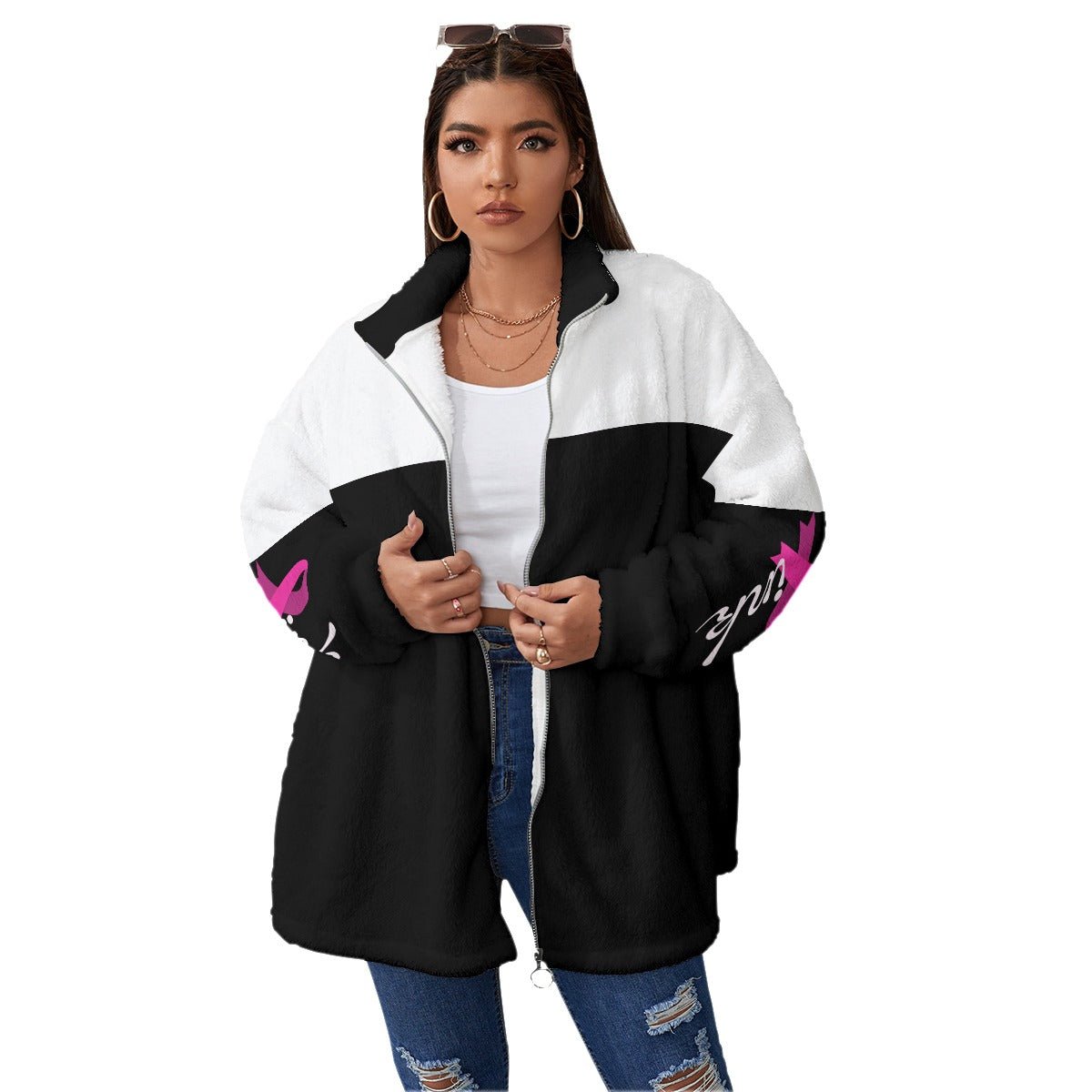 All-Over Print Women's Borg Fleece Stand-up Collar Coat With Zipper Closure(Plus Size) Black White and Pink Breast Cancer Awareness (Designed by Dunbi) - DunbiBeauty, LLC