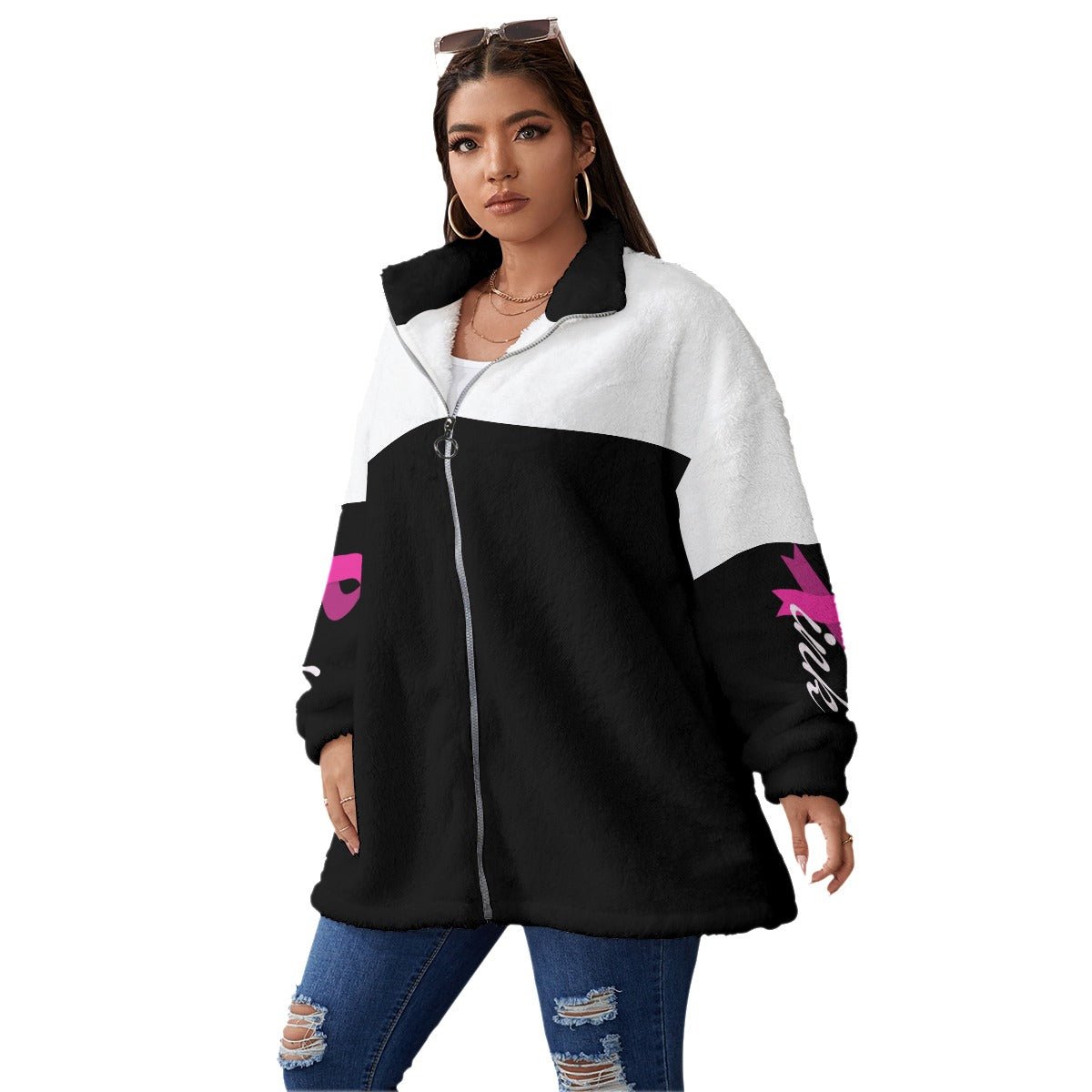 All-Over Print Women's Borg Fleece Stand-up Collar Coat With Zipper Closure(Plus Size) Black White and Pink Breast Cancer Awareness (Designed by Dunbi) - DunbiBeauty, LLC