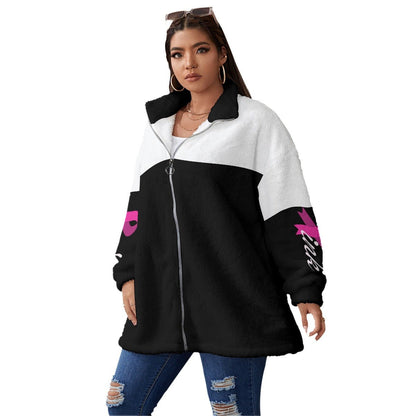 All-Over Print Women's Borg Fleece Stand-up Collar Coat With Zipper Closure(Plus Size) Black White and Pink Breast Cancer Awareness (Designed by Dunbi) - DunbiBeauty, LLC