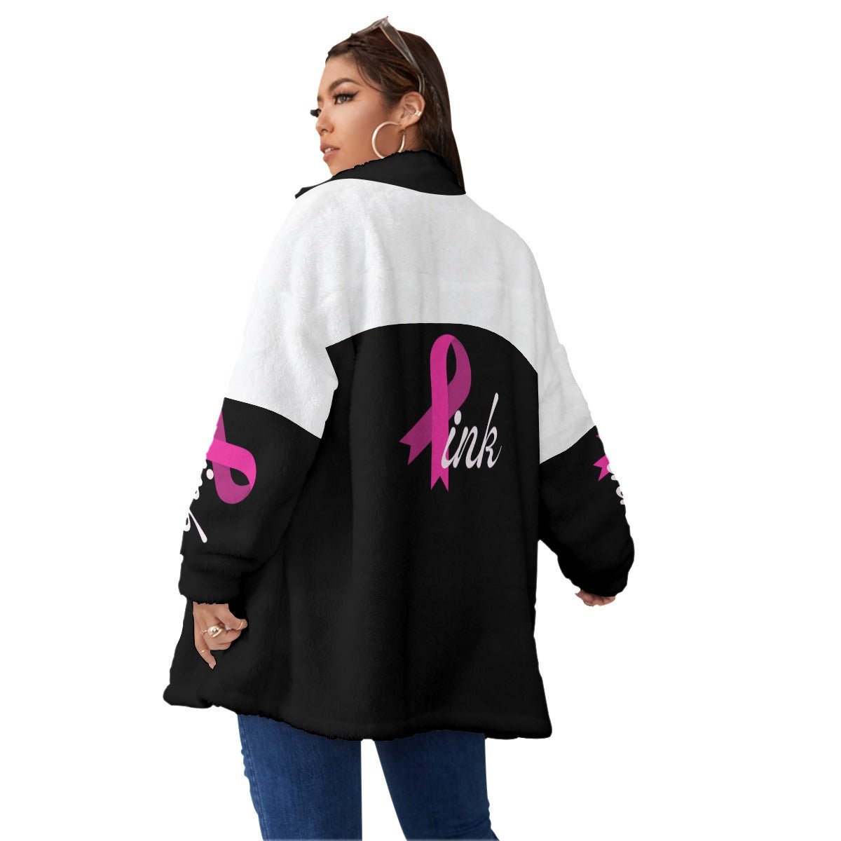 All-Over Print Women's Borg Fleece Stand-up Collar Coat With Zipper Closure(Plus Size) Black White and Pink Breast Cancer Awareness (Designed by Dunbi) - DunbiBeauty, LLC