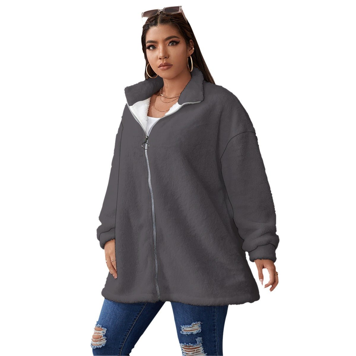 All-Over Print Women's Borg Fleece Stand-up Collar Coat With Zipper Closure(Plus Size) (Designed by Dunbi) - DunbiBeauty, LLC