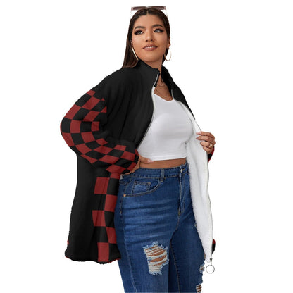 All-Over Print Women's Borg Fleece Stand-up Collar Coat With Zipper Closure(Plus Size) (Designed by Dunbi) - DunbiBeauty, LLC