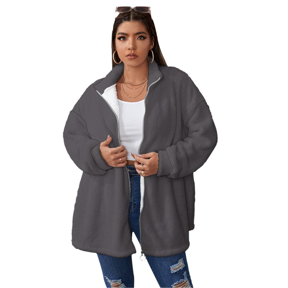 All-Over Print Women's Borg Fleece Stand-up Collar Coat With Zipper Closure(Plus Size) (Designed by Dunbi) - DunbiBeauty, LLC