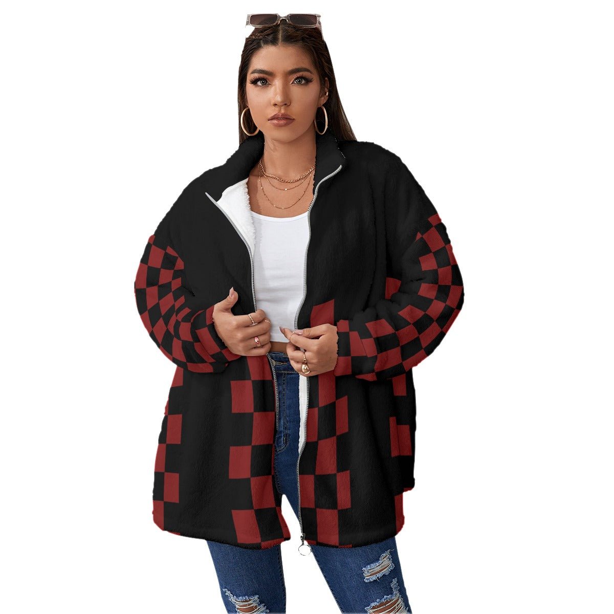 All-Over Print Women's Borg Fleece Stand-up Collar Coat With Zipper Closure(Plus Size) (Designed by Dunbi) - DunbiBeauty, LLC