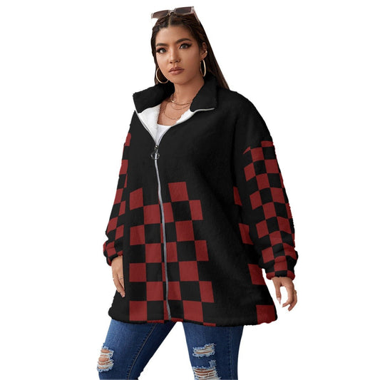 All-Over Print Women's Borg Fleece Stand-up Collar Coat With Zipper Closure(Plus Size) (Designed by Dunbi) - DunbiBeauty, LLC