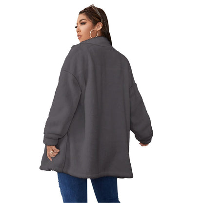 All-Over Print Women's Borg Fleece Stand-up Collar Coat With Zipper Closure(Plus Size) (Designed by Dunbi) - DunbiBeauty, LLC
