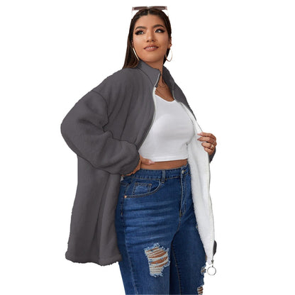 All-Over Print Women's Borg Fleece Stand-up Collar Coat With Zipper Closure(Plus Size) (Designed by Dunbi) - DunbiBeauty, LLC