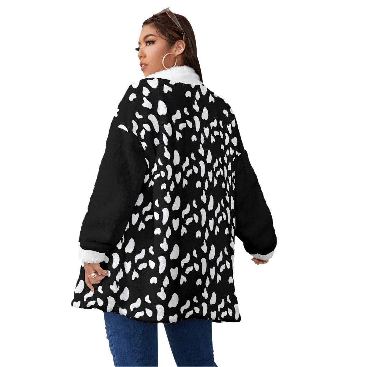 All-Over Print Women's Borg Fleece Stand-up Collar Coat With Zipper Closure(Plus Size) (Designed by Dunbi) - DunbiBeauty, LLC