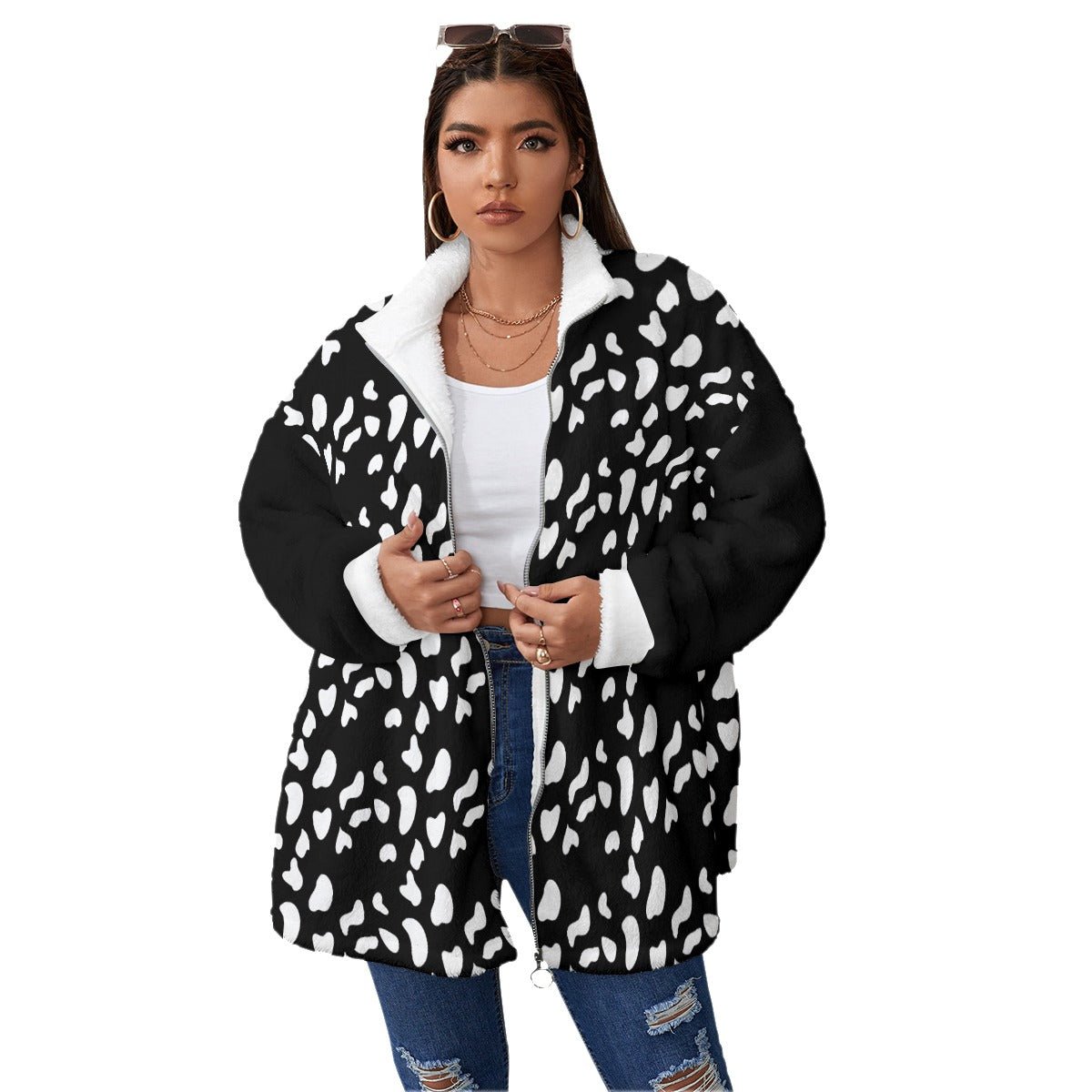 All-Over Print Women's Borg Fleece Stand-up Collar Coat With Zipper Closure(Plus Size) (Designed by Dunbi) - DunbiBeauty, LLC