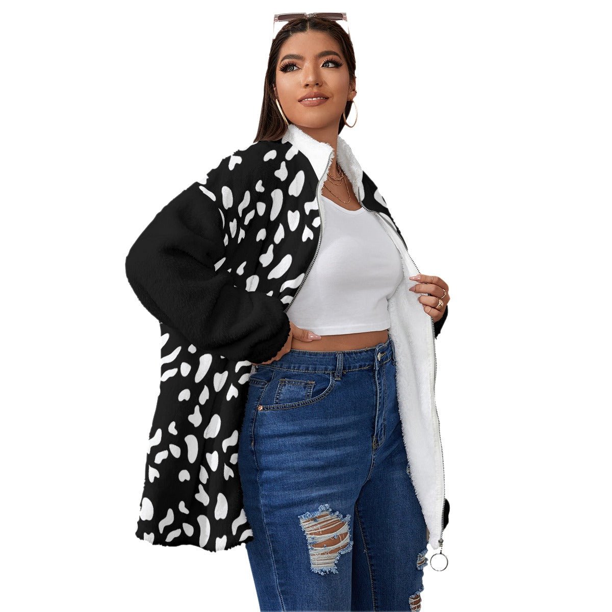 All-Over Print Women's Borg Fleece Stand-up Collar Coat With Zipper Closure(Plus Size) (Designed by Dunbi) - DunbiBeauty, LLC