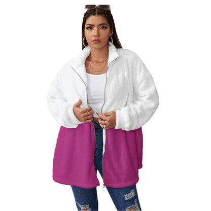 All-Over Print Women's Borg Fleece Stand-up Collar Coat With Zipper Closure(Plus Size) Pink and White Breast Cancer Awareness (Designed by Dunbi) - DunbiBeauty, LLC