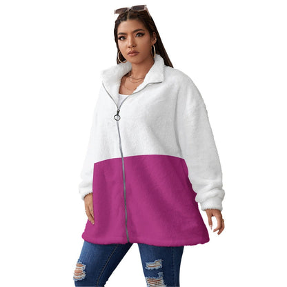 All-Over Print Women's Borg Fleece Stand-up Collar Coat With Zipper Closure(Plus Size) Pink and White Breast Cancer Awareness (Designed by Dunbi) - DunbiBeauty, LLC