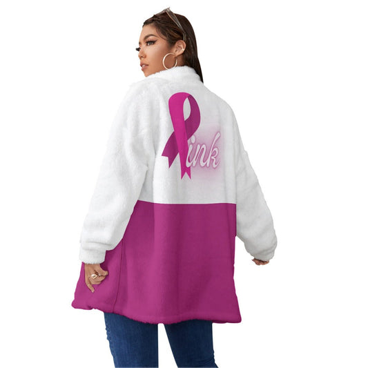 All-Over Print Women's Borg Fleece Stand-up Collar Coat With Zipper Closure(Plus Size) Pink and White Breast Cancer Awareness (Designed by Dunbi) - DunbiBeauty, LLC