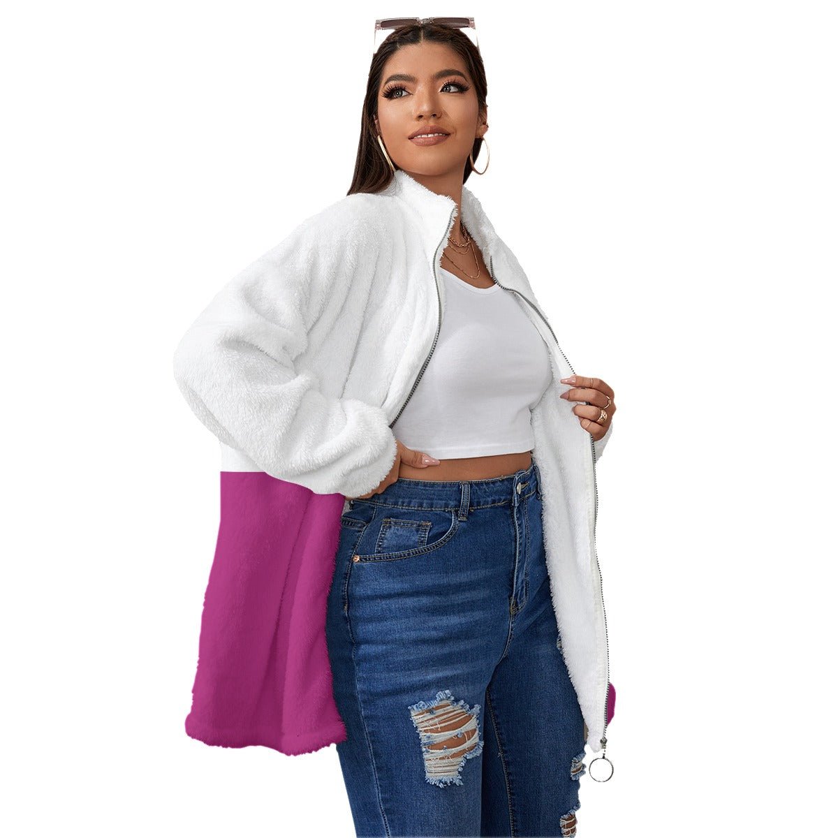 All-Over Print Women's Borg Fleece Stand-up Collar Coat With Zipper Closure(Plus Size) Pink and White Breast Cancer Awareness (Designed by Dunbi) - DunbiBeauty, LLC