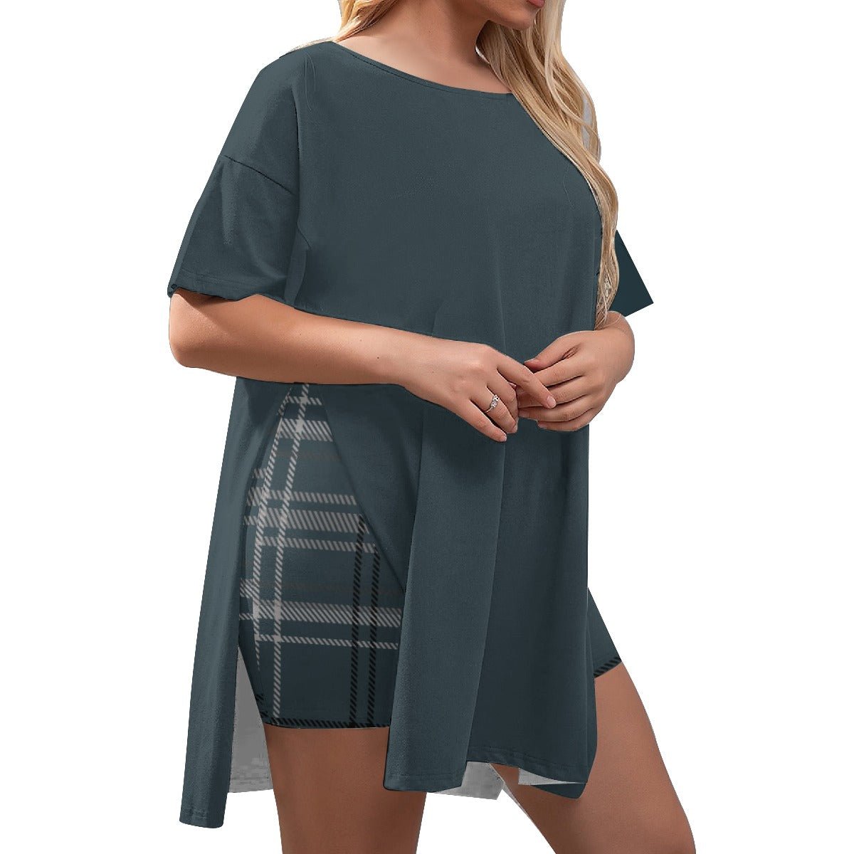 All-Over Print Women's Drop-Shoulder T-Shirt with Side Split and Shorts (Plus Size) (Designed by Dunbi) - DunbiBeauty, LLC