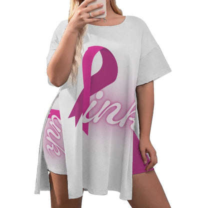 All-Over Print Women's Drop-Shoulder T-Shirt with Side Split and Shorts (Plus Size) Pink and White Split Breast Cancer Awareness (Designed by Dunbi) - DunbiBeauty, LLC