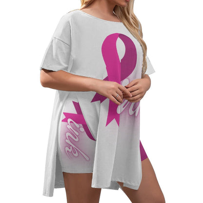All-Over Print Women's Drop-Shoulder T-Shirt with Side Split and Shorts (Plus Size) Pink and White Split Breast Cancer Awareness (Designed by Dunbi) - DunbiBeauty, LLC