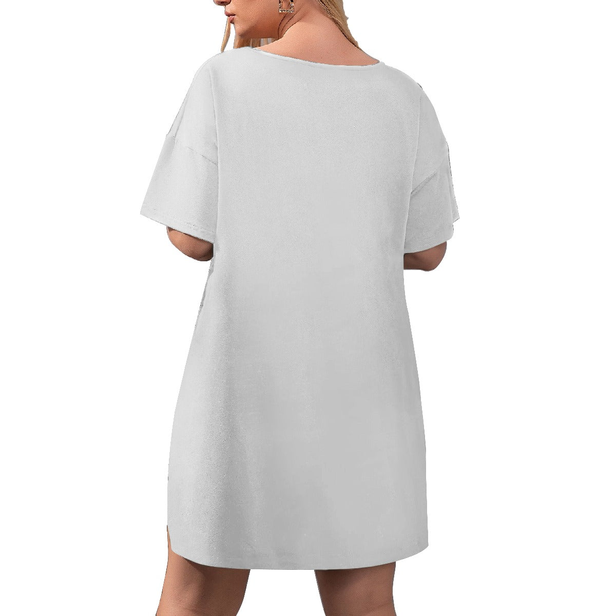 All-Over Print Women's Drop-Shoulder T-Shirt with Side Split and Shorts (Plus Size) Pink and White Split Breast Cancer Awareness (Designed by Dunbi) - DunbiBeauty, LLC