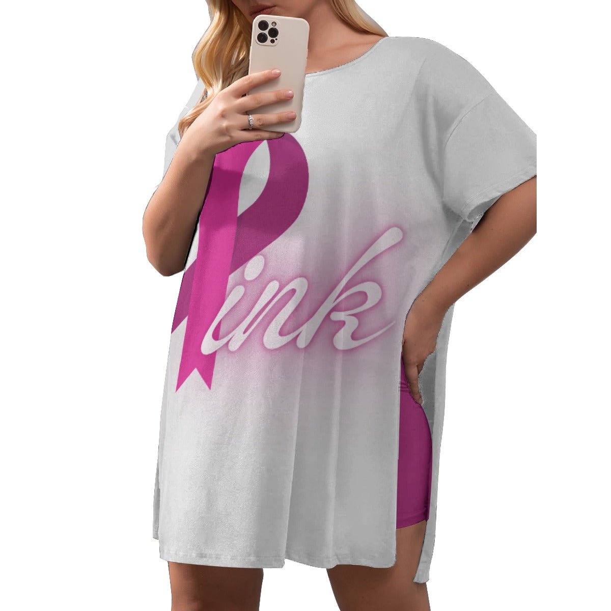 All-Over Print Women's Drop-Shoulder T-Shirt with Side Split and Shorts (Plus Size) Pink and White Split Breast Cancer Awareness (Designed by Dunbi) - DunbiBeauty, LLC