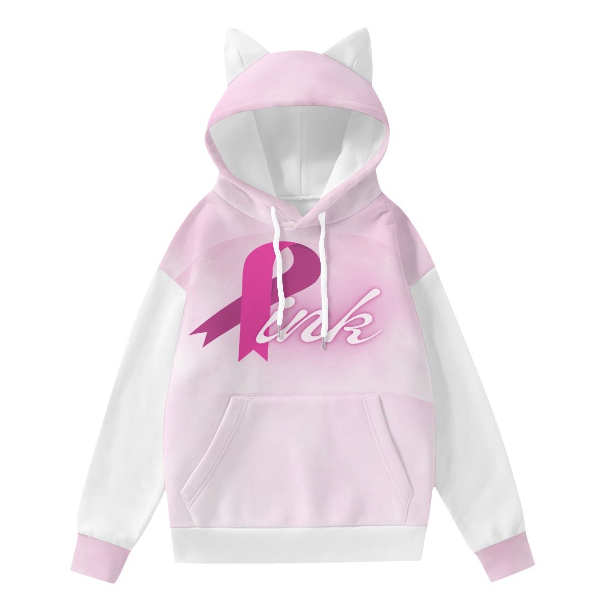 All-Over Print Women’s Hoodie With Decorative Ears Pink Breast Cancer Awareness (Designed by Dunbi) - DunbiBeauty, LLC