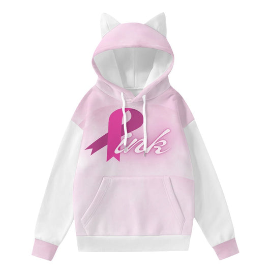 All-Over Print Women’s Hoodie With Decorative Ears Pink Breast Cancer Awareness (Designed by Dunbi) - DunbiBeauty, LLC