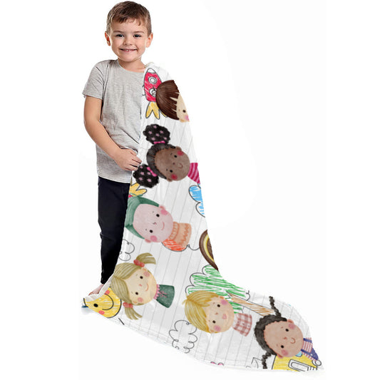 Single-Sided Printed Children's Blanket | 280GSM Polyester - Kids, Notebook, Rocket, Sun, Smiley, School Bus, Tree, Flowers, Hearts, Clouds, Nature, Children, Boys, Girls, Friendship (Designed by Dunbi)