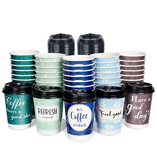 Bapmnicc Disposable Coffee Cups with Lids 12 oz, 50 Pack Double-Walled Paper Coffee Cups with Fun Designs, Insulated Coffee Cups, Hot Beverage Paper Cups for Cold & Hot Drinks - DunbiBeauty, LLC
