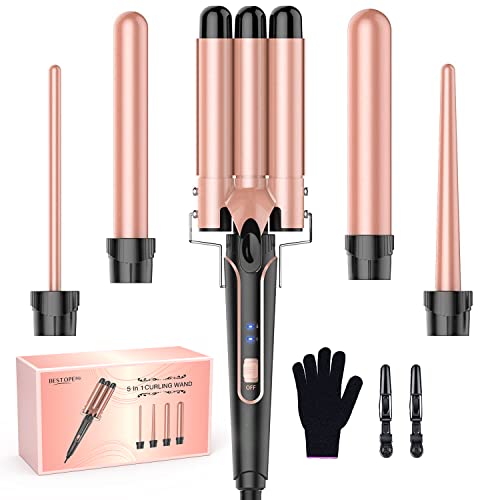 Beach Waver Curling Iron Wand, 5 in 1 Curling Wand Set with 3 Barrel Hair Crimper for Women, Fast Heating Hair Wand in All Hair Type - DunbiBeauty, LLC
