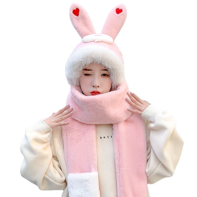 Cute Rabbit Ears Hat One Female Plush Bear Scarf Winter Warm Gloves Three-piece Set - DunbiBeauty, LLC