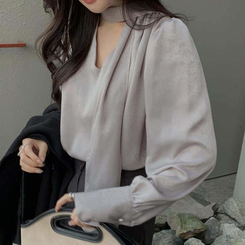 French Style High-grade V-neck Ribbon Scarf Design Loose-fitting Solid Color Long Sleeves Shirt Top For Women - DunbiBeauty, LLC