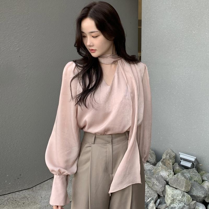 French Style High-grade V-neck Ribbon Scarf Design Loose-fitting Solid Color Long Sleeves Shirt Top For Women - DunbiBeauty, LLC