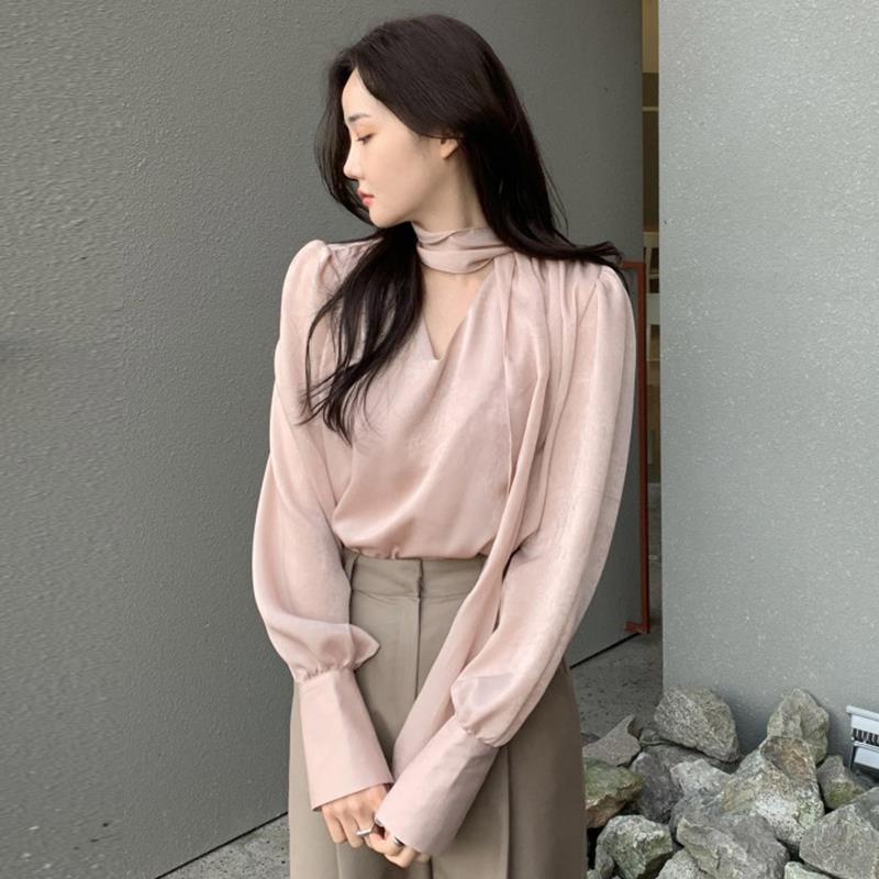 French Style High-grade V-neck Ribbon Scarf Design Loose-fitting Solid Color Long Sleeves Shirt Top For Women - DunbiBeauty, LLC