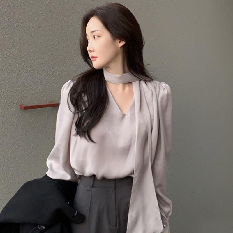 French Style High-grade V-neck Ribbon Scarf Design Loose-fitting Solid Color Long Sleeves Shirt Top For Women - DunbiBeauty, LLC