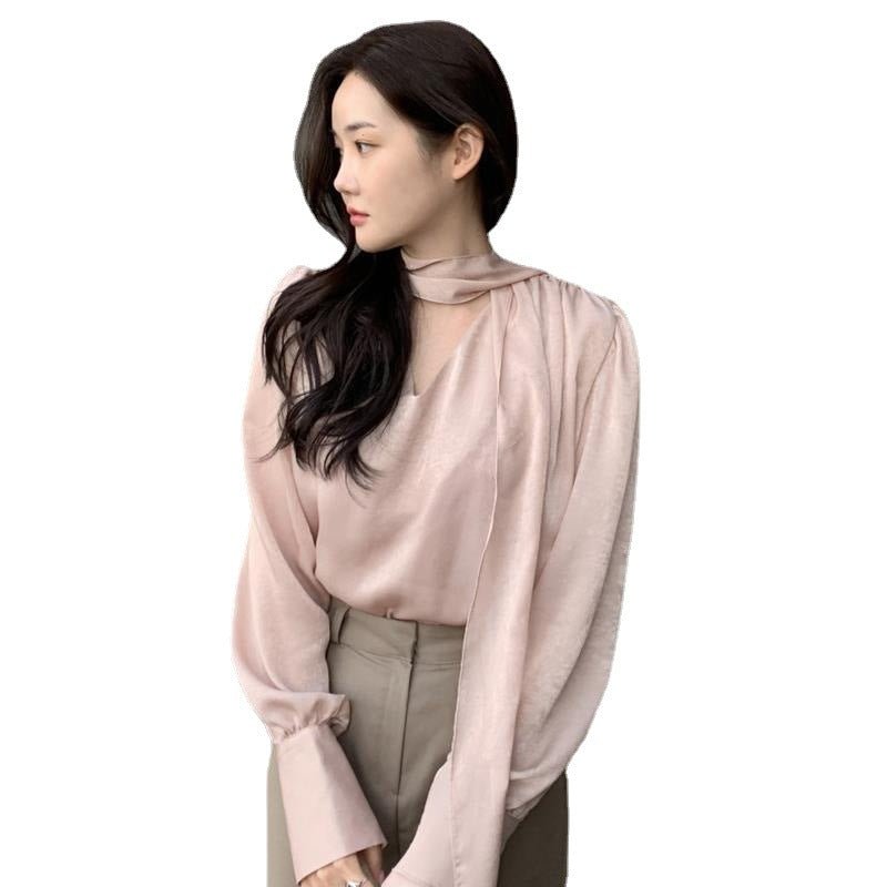 French Style High-grade V-neck Ribbon Scarf Design Loose-fitting Solid Color Long Sleeves Shirt Top For Women - DunbiBeauty, LLC