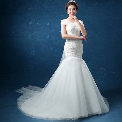 Lace Shoulder Fishtail Wedding Gown - DunbiBeauty, LLC
